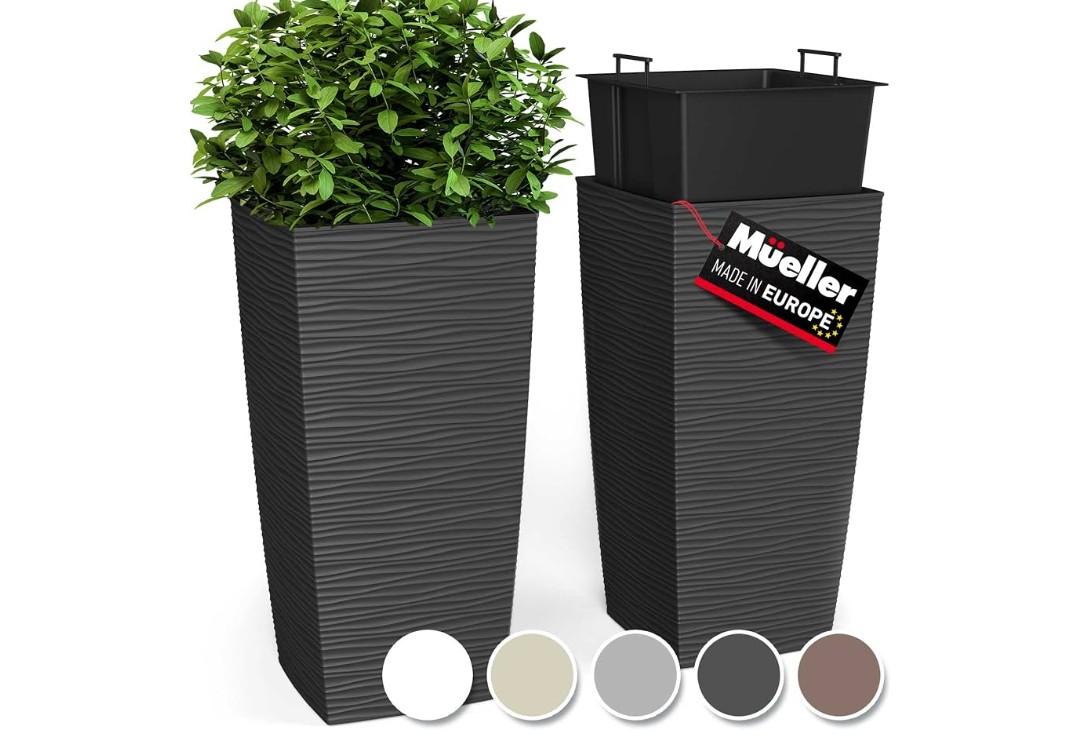 Mueller M-Resin Heavy Duty Tall Planters for Outdoor Plants, Indoor Grande Plant Pots, Boxes, Trees, Flower Pots, 2-Piece Set, 24”, Modern Design, Built-in Drainage, Front Porch Decor, Dark Grey