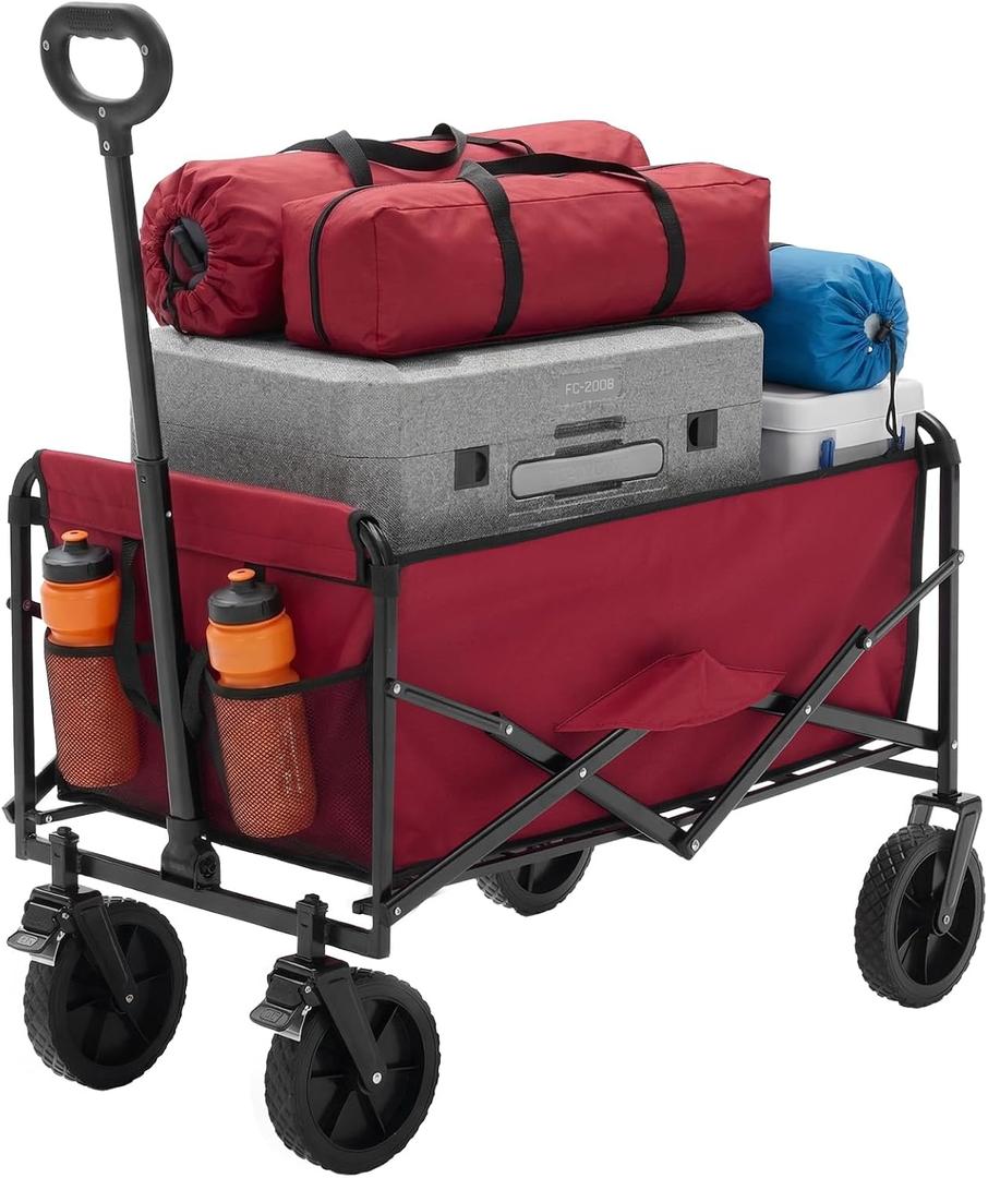 NEWBULIG Collapsible Wagon Cart, 330lbs Capacity, Red | 102L Lightweight Portable, Heavy Duty, Detachable Brake Wheels, Adjustable Handle for Beach Sports Camping Shopping Yard