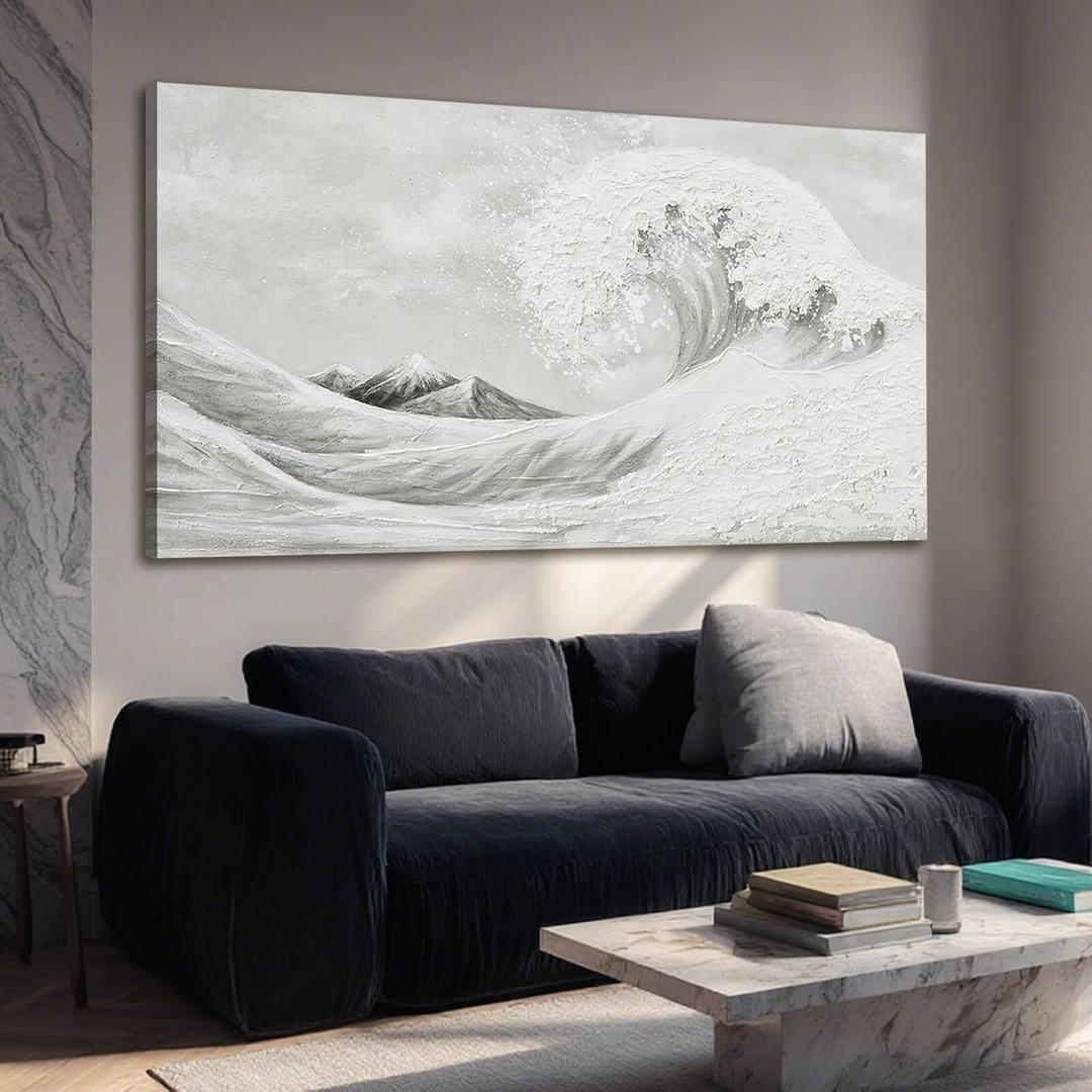 YETHEN WAL Neutral Grey & White Wave Wall Art Textured Minimalist Canvas Print, Modern Coastal Decor for Hallway Entryway Bedroom, 20x40 Inch