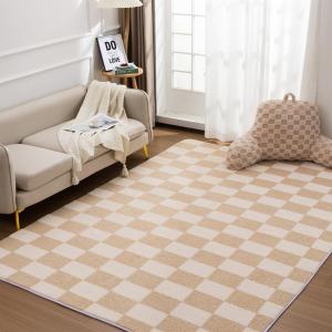 Aimuan Checkered Print Area Rug Cute Checkerboard Rugs Soft Shaggy Carpets Back Non-Slip Mat for Kids Bedroom Living Room Nursery Home Decor (Beige, 4x6ft) (4X 6', Cream)