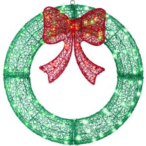 24" Pre-Lit Outdoor Christmas Wreath with 140 LED Lights and Bow, Lighted Metal Christmas Wreath Decoration with Timer Function for Xmas Home Wall Front Door Window Garage (Green Red)