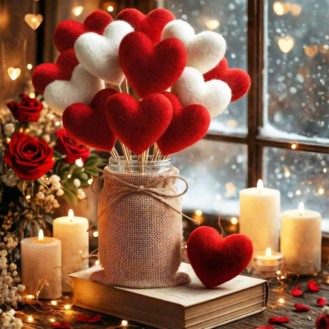 Youyole Rustic Valentines Day Table Decorations Set, Mason Jars Valentines Centerpiece Decor with 12 Pcs Red White Felt Heart Picks Sticks Galentines Bouquet Gifts for Lovers Dining Table Office