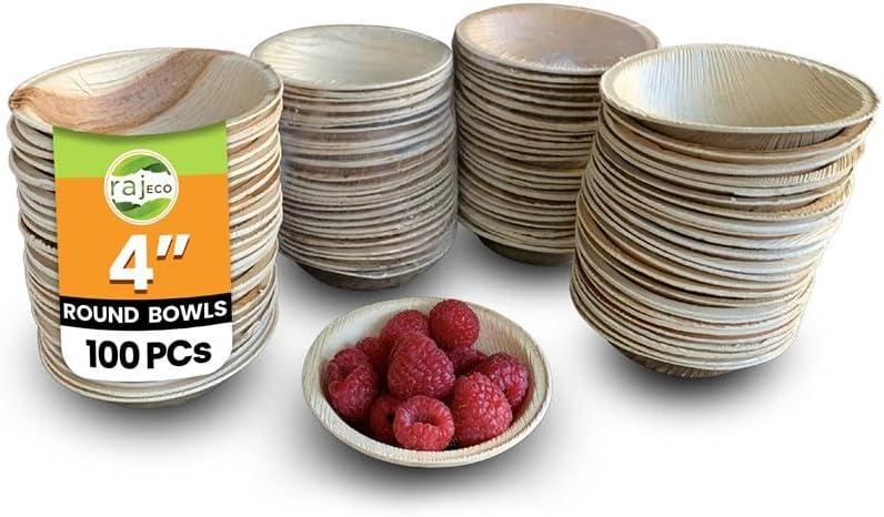 Raj Disposable Palm Leaf Bowls (100 Count, 4" Bowls) Strong Bowl Like Bamboo Party Bowl - Decorative Compostable Tableware for Lunch, Dinner, Birthday, Outdoor, BBQ, Picnic, Parties