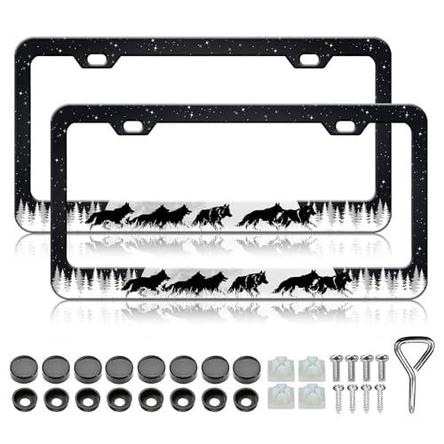 Moon Forest Wolf License Plate Frames - 2 Pack Cool Starry Sky License Plate Holder, Stainless Steel Rust-Proof Waterproof Car Decorative Tag Frame with Screws Fasteners Caps