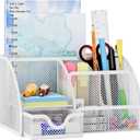 EasyPAG Mesh Desk Organizer, Multi-Functional Stationery Organizer for School Supplies, Office Pen Holder for Desk, 6 Compartments Dorm Organization with Drawer, White