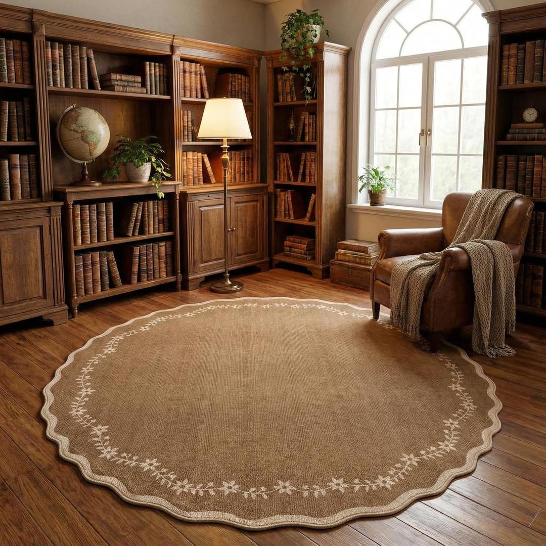 GarveeHome Scalloped Round Area Rugs 8ft for Living Room, Large Solid Brown Washable Circle Rug Soft Non Slip Floral Print Floor Mat Carpet Indoor Thin Rug for Bedroom Dining Room Playroom Nursery