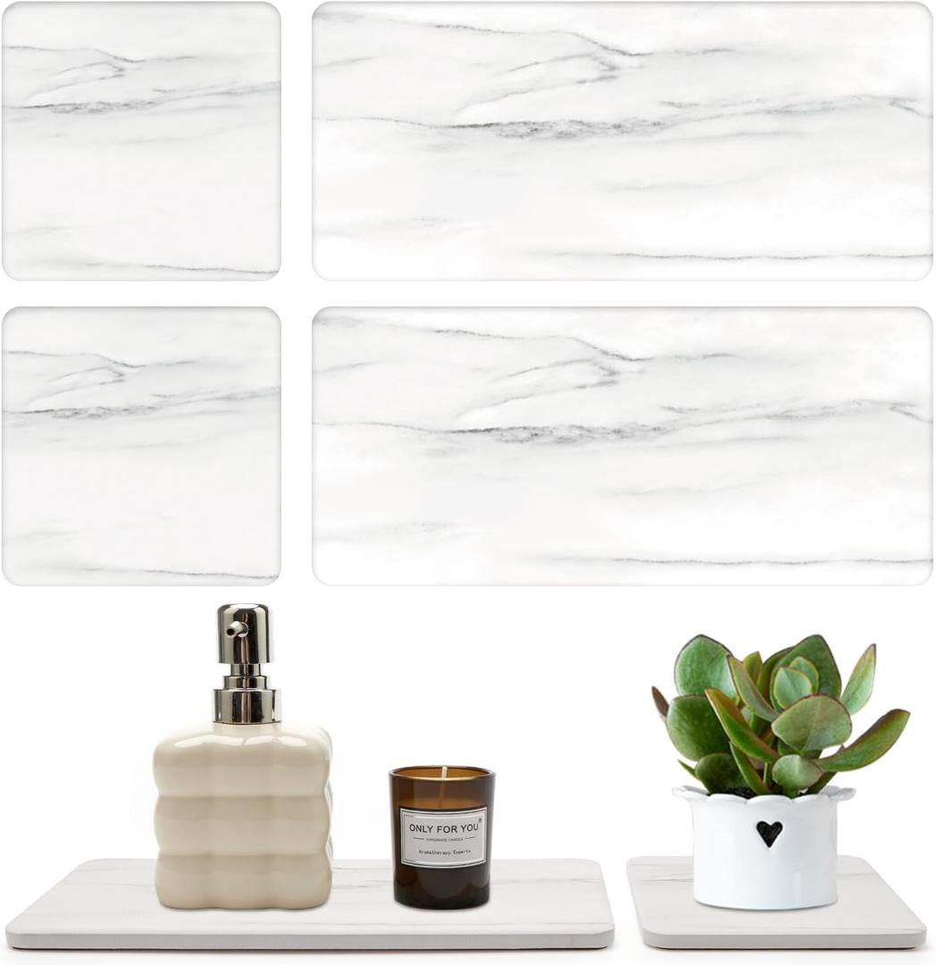 Set of 4 Water Absorbing Stone Drying Tray for Bathroom Sink Kitchen Hand Soap Coaster Diatomite Toothbrush Holder Quick Dry Marble Bathroom Vanity Trays Diatomaceous Earth Dish Kitchen Counter Tray (White)