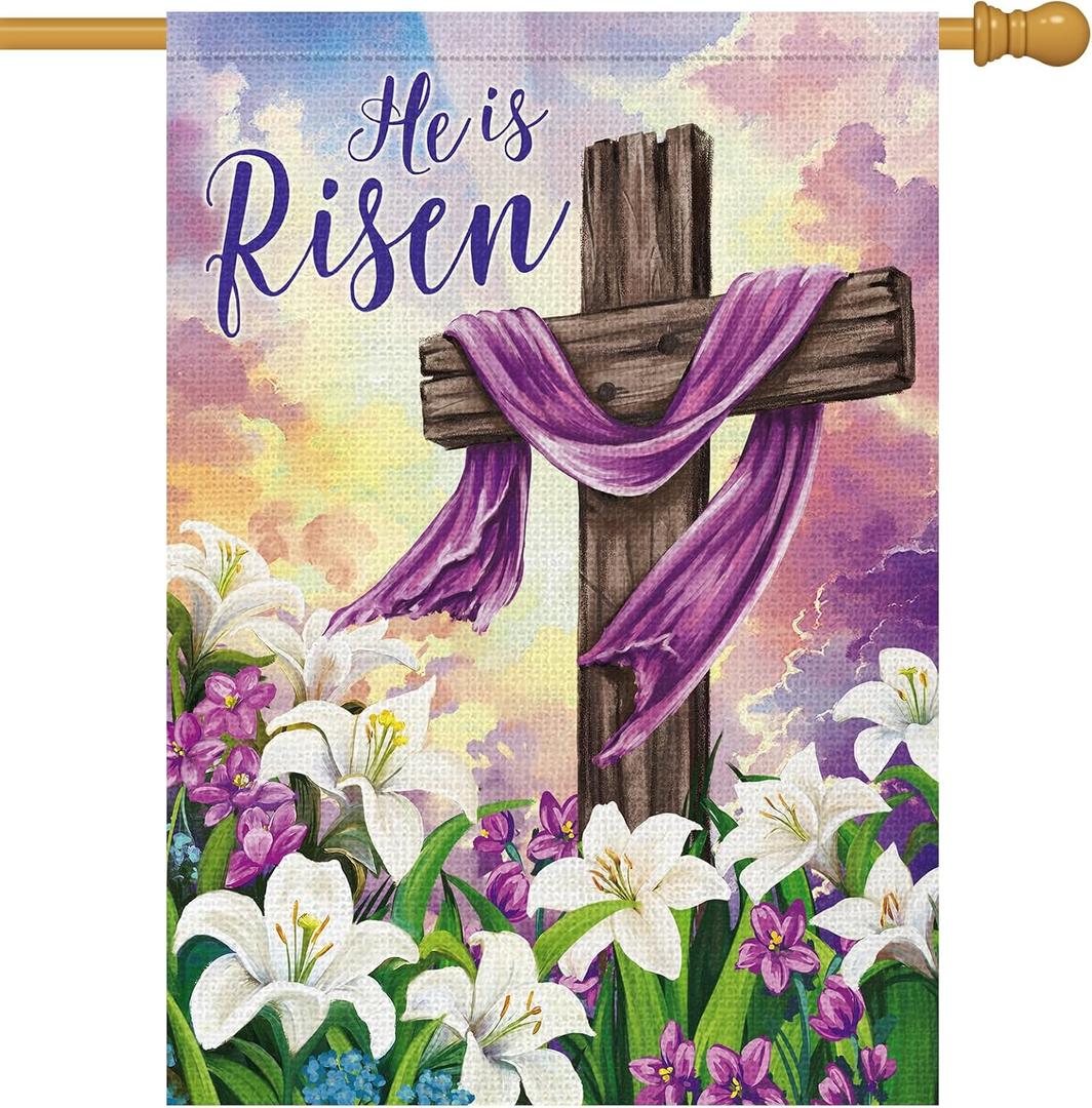 Heyfibro He is Risen Easter Cross Garden Flag 28x40 Double Sided Burlap, Lily Flower Spring Yard Banner for Holiday Farmhouse Jesus Religious Outdoor Decor(ONLY FLAG)