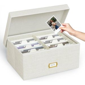 Decorative Photo Storage Box - Linen Photo Box Organizer with Dividers, Fits Holds Up to 1700 Pictures and 5x7 Photos, Memory Keepsake Organizer for Photos, Scrapbook Supplies, Cards, Stamps (Beige)