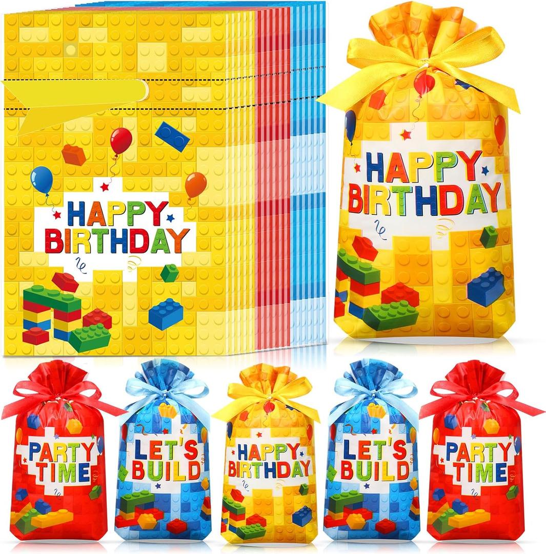 60 Pcs Building Block Party Favors Bricks Drawstring Plastic Bags Birthday Candy Goodie Treat Bags for Building Block Party Gift Packing Supplies
