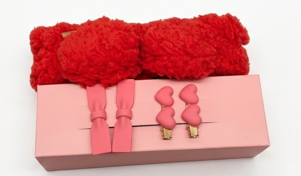 Valentine’s Day Red Plush Headband & Pink Hair Clip Gift Set (5-Piece)
