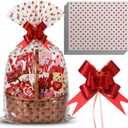 Teenyyou 24 Pcs Cellophane Bags for Basket 24 x 30 Inches & 24 Pcs Large Pull Bows, X-Large 2.5 Mil Thickening Plastic Cellophane Bags for Valentine's Day Birthday Party Gift Wrapping(Dot)