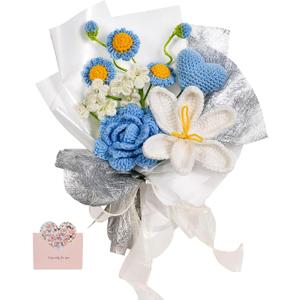 Crochet Flowers Bouquet, Crochet Rose Knitted Flower Bouquets for Valentine's Day, Mother's Day, Birthday for Woman, Man, Girlfriend, Wife, Lover, Mom (Blue-1)