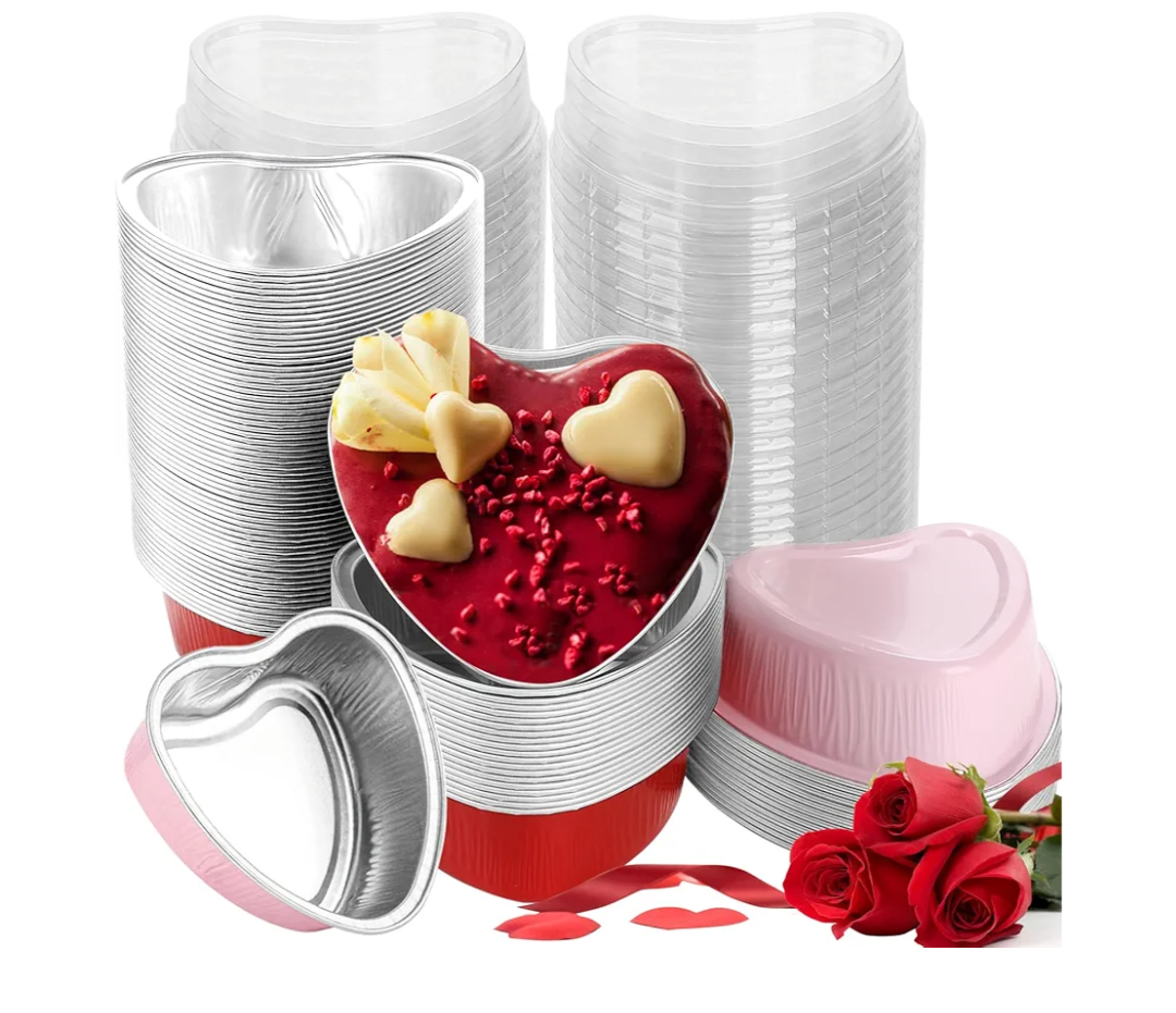 Honeydak 100 Pcs Heart Shaped Cake Pans for Baking with Lids 4''/ 6 oz Valentine's Aluminum Foil Cupcake Cups Mini Heart Cake Liners Disposable Baking Tins for Wedding Anniversary Dessert (180 ml)