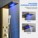 POPFLY Shower Panel Tower System, LED Rainfall & Waterfall Shower Head with Body Jets, Handheld Shower & Tub Spout, Golden Stainless Steel Wall-Mounted Bathroom Shower Column Tower