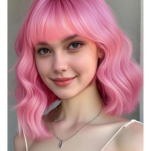 YOUNIGA Short Bob Wavy Wig with Bangs for Women Pink Color Wigs for Women Loose Curly Shoulder Length Bob Curly Women's Charming Synthetic Wigs Style Synthetic Fiber Wig (Pink 12 Inch)