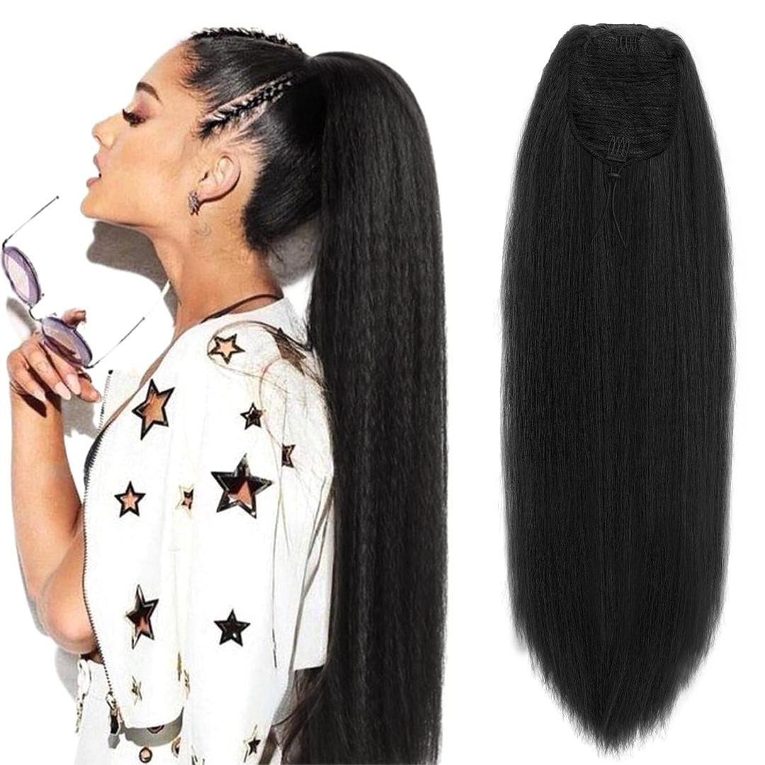 Kinky Straight Ponytail Extension for Black Women Yaki Straight Ponytails Synthetic Hair Extensions 28 Inch (1B Black)