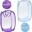 2Pcs Popup Mesh Laundry Baskets, Collapsible and Portable Laundry Hamper, Ideal for Travel and Home Use (Purple & Blue)