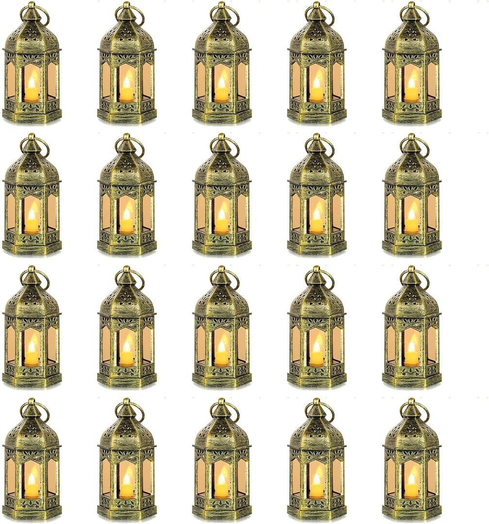 Romadedi Mini Lanterns Decorative for Wedding Centerpiece - 20 Pcs Hanging Small Gold Lantern Bulk with Flickering LED Candles for Halloween Decorations, Christmas Table Decor, Batteries Included