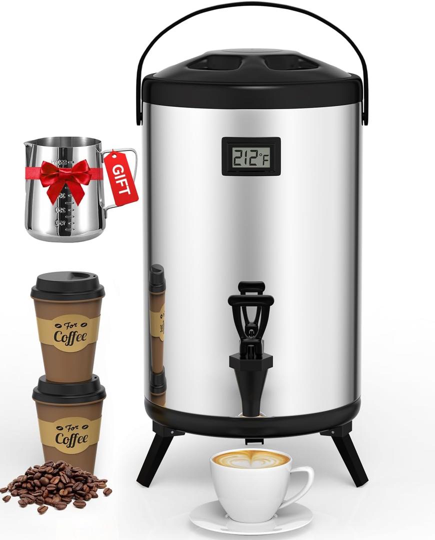 Insulated Beverage Dispenser 2 Gallon, Hot Drink Dispenser with 304 Stainless Steel Interior, Hot Water Dispenser for Parties, Hot Water Urn with Stand for Coffee Chocolate Tea, Silver, Non-electric (2.2 Gallon)
