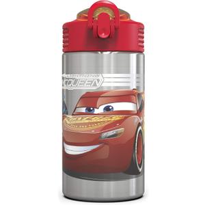 Zak Designs Disney Cars 3 - Stainless Steel Water Bottle with One Hand Operation Action Lid and Built-in Carrying Loop, Kids Water Bottle with Straw Spout is Perfect for Kids (15.5 oz, 18/8)