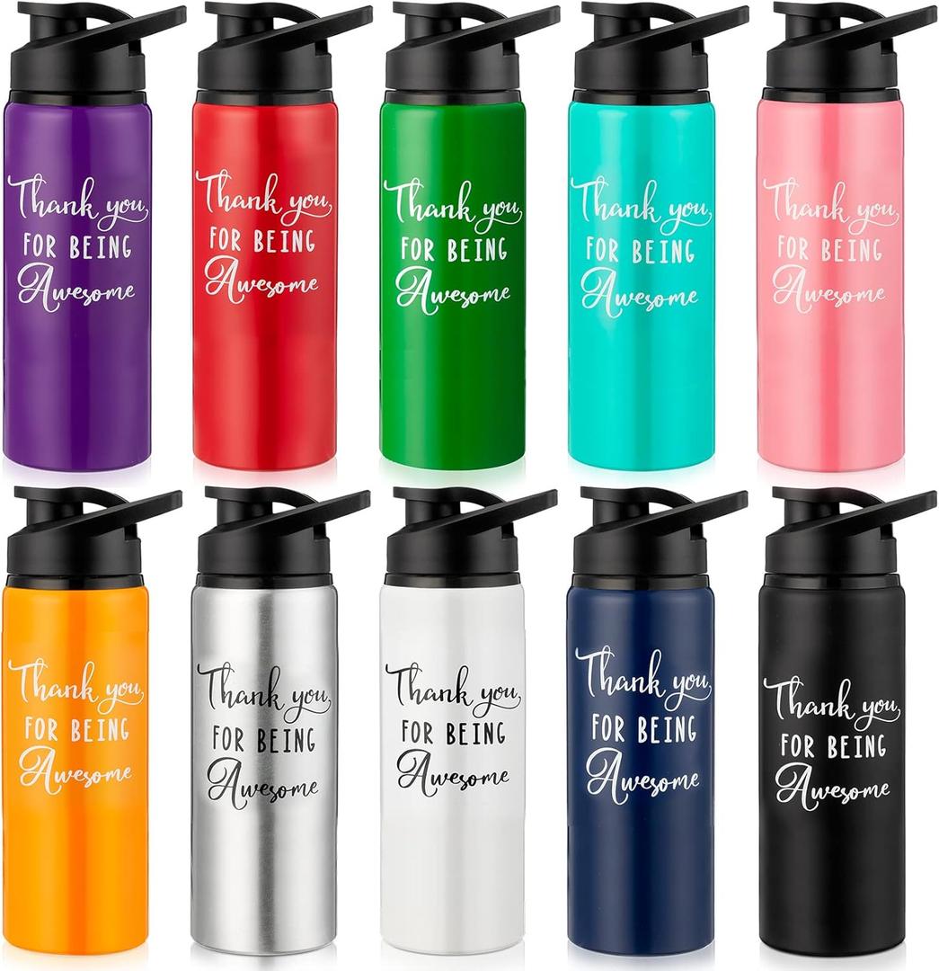Amyhill 10 Pack Thank You Appreciation Gifts Reusable Bottle Aluminum Water Bottle Gym Water Bottle Lightweight Sports Water Bottle Leakproof Metal Water Bottle with Lid for Camping Hiking (25 Oz, Mixed Colors)