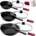 Cuisinel 8"+10"+12"-Inch Cast Iron Skillets Set with Glass Lids + Silicone Handle Holder Covers + Pan Scraper - Pre-Seasoned Oven Cookware - Use Indoor/Outdoor, Grill, Stovetop, Camping Fire, Oven