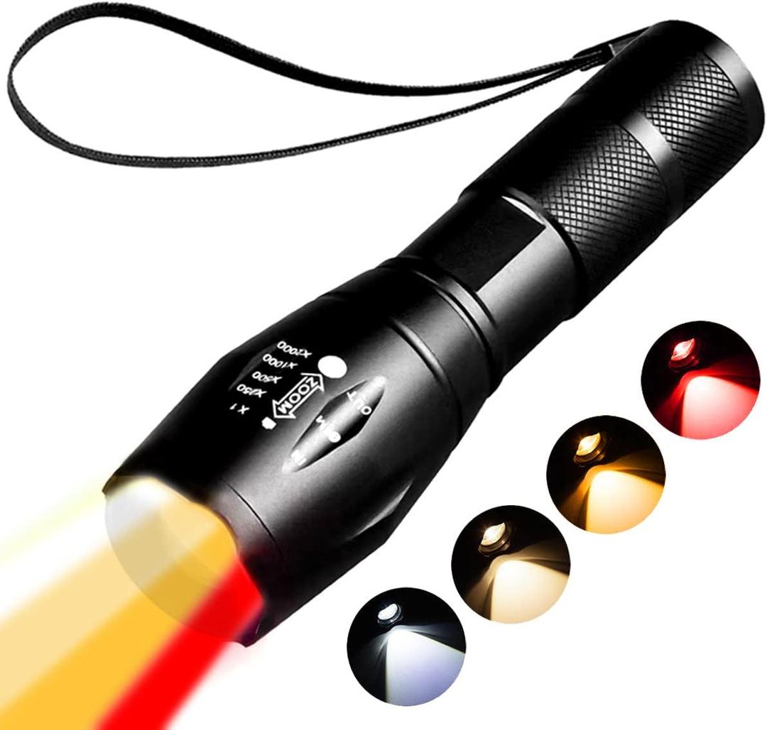 Red Light Tactical Flashlight, 4 in 1 White, Yellow, Amber, Red Light, Rechargeable, 1800K Warm Light for Eye Care, Hunting, Hiking, Wildlife Observation