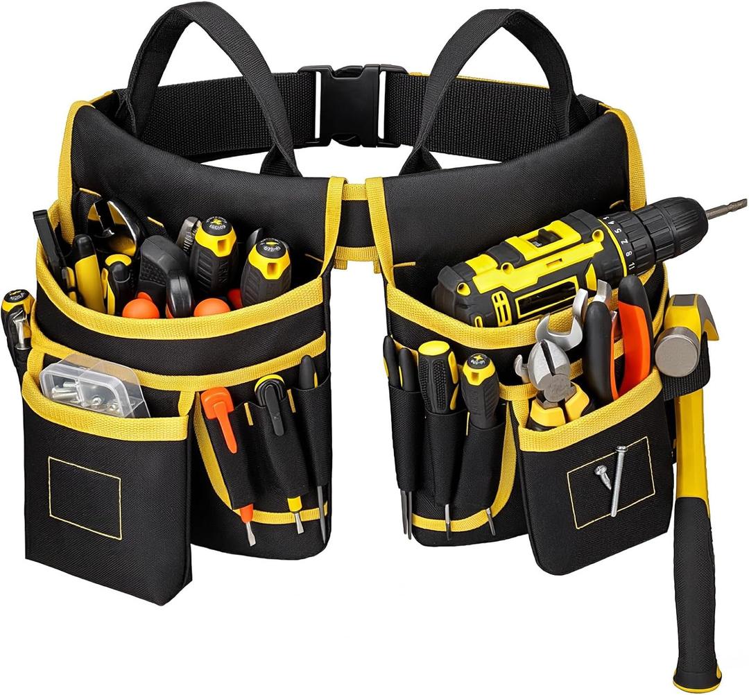 Tool Belt for Men - Tool Pouch for Waist Up to 52” with 18 Pockets 19 Webbing Loops Dual-Side Buckle With Magnet Holster Heavy Duty Tool Bag Organizer for Electrician Carpenter Gift for Men Boyfriend