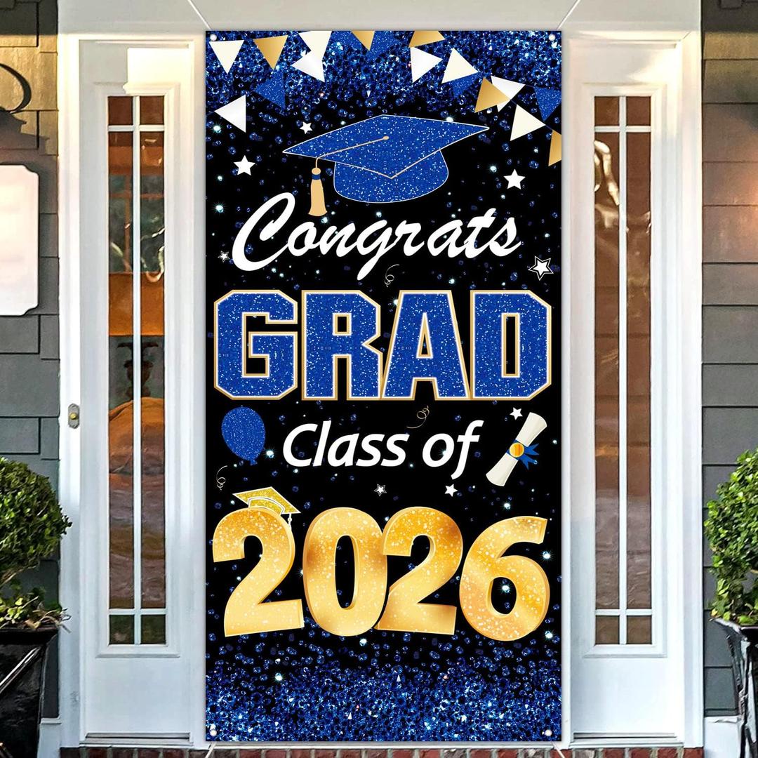 Congrats Grad Class of 2026 Door Cover, 2026 Graduation Decorations Blue, Graduation Door Banner Indoor Outdoor Party Decorations