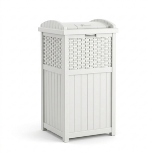 Suncast 33 Gallon Commercial Outdoor Trashcan Hideaway with Lid for 30 to 33 Gallon Trash Bags for Garage, Backyard, or Garden, White