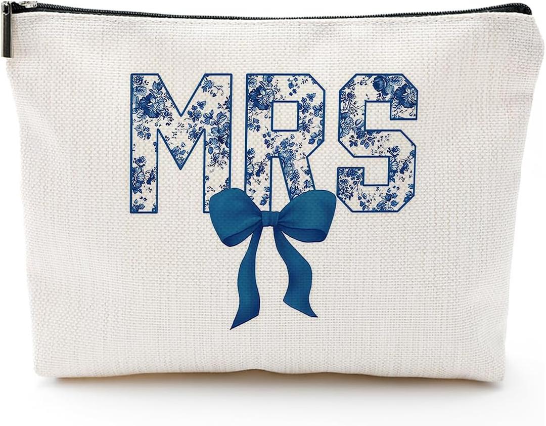 MRS Makeup Bag Blue and White Canvas Cosmetic Pouch  Bride Gift for Wedding, Engagement, Honeymoon, Bridal Shower, Travel Toiletry Bag