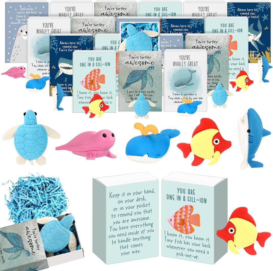 50 Sets Desk Pets Bulk Animal Erasers Emotional Support Desk Pets Positive Affirmation Puzzle Pencil Eraser Toys Pocket Hugs Tokens Gifts Box Raffia for Appreciation Prizes Rewards (Ocean)