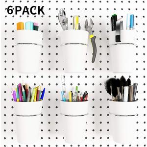 Kuhome 6 Sets Pegboard Hooks with Pegboard Cups, Ring Style Pegboard Bins with Rings, Pegboard Cup Holder Accessories for Organizing Storage (White)