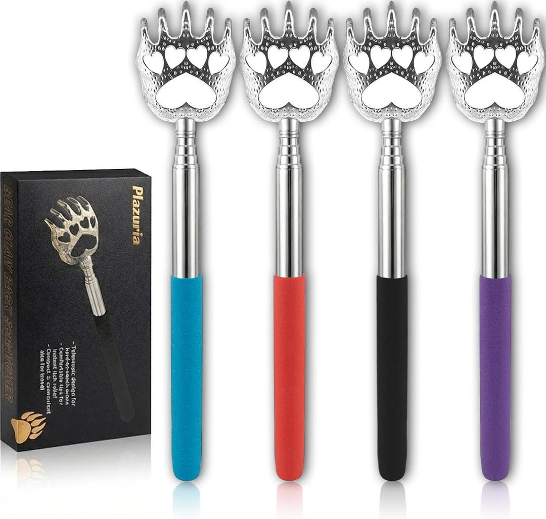 (4-Pack) Extendable Back Scratchers - Metal Claws with Telescopic Rubber Handles - Stocking Stuffers for Men, Women, Kids - Christmas Gift
