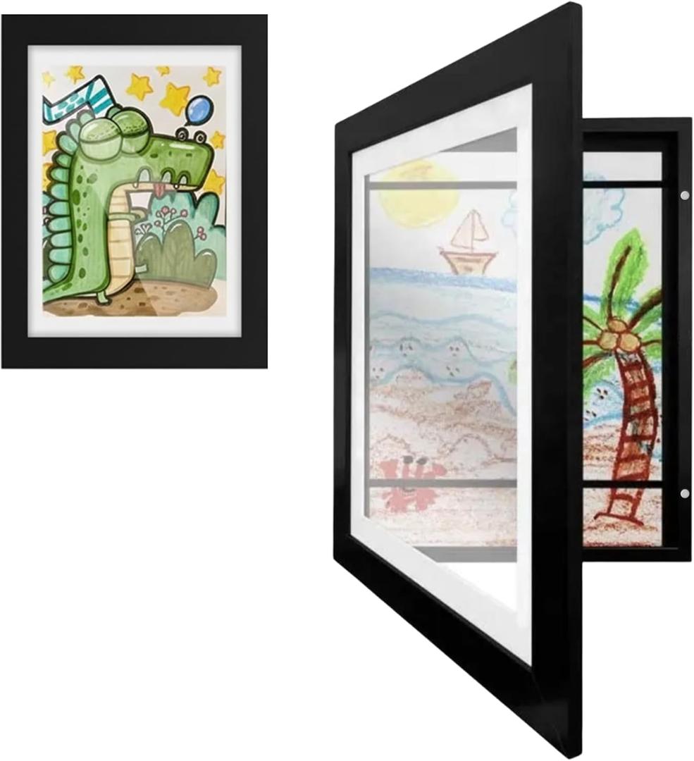 Kids Art Display and Photo Frame A4 Double Magnetic Closure for Wall or Stand, Holds 100 Artworks MDF Wood & Shatter-Resistant Plexiglass 13 9.5 0.8 in - (Black)