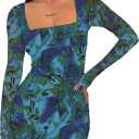 Prinbara Womens Mesh Long Sleeve Square Neck Ruched Mini Dress Sexy Bodycon Elegant Cocktail Evening Club Party Short Dresses (Blue, M)