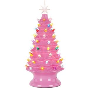 Lakumu 16.5" Table Top Christmas Tree, Hand Painted Resin Christmas Tree with Lights, Pre-lit Xmas Tree Decor Lighted Tabletop Decoration with Multicolored LED Bulbs, Ceramic-Like Finish, Pink