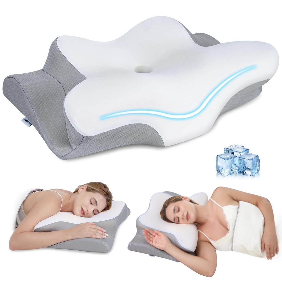 Cervical Neck Pillow, Memory Foam Pillows for Neck and Shoulder Pain Relief, 2 Heights Ergonomic Pillow with Breathable Ice Silk Cover, White