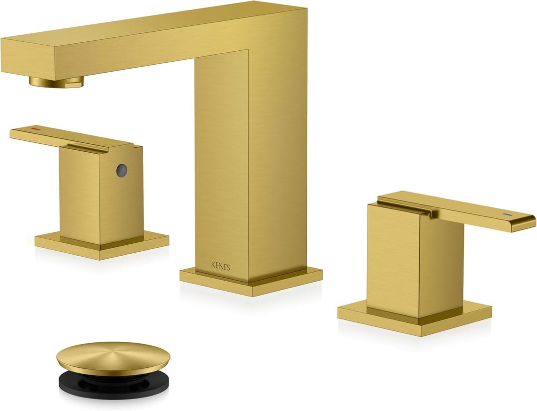 KENES Brushed Gold Widespread Bathroom Faucet 3 Hole Bathroom Sink Faucet Gold Two Handle, 8-Inch 3 Pieces Bathroom Vanity Faucet with Pop Up Drain & Supply Lines, KE-9050-4-P