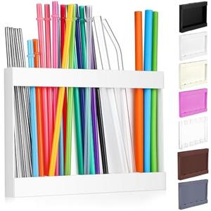 Qinyoung Acrylic Straw Holder for Cabinet Door with Double Sided Adhesive Tape Reusable Straw Organizer Tumbler Storage Kitchen Accessories Container for Counter Cupboard(Classic,Large,White)