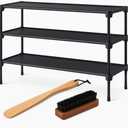 Shoe Rack Organizer with Shoe Brush and Shoe Horn, Black, 3-Tier, Metal Frame Storage Shelf for Entryway