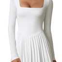 Memoriesea Women's Square Neck Long Sleeve Pleated Skirt Cocktail Party Club Mini Dress White, XL