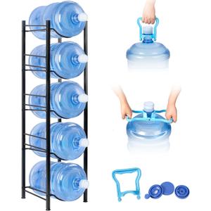 Klvied 5-Tier Heavy Duty Water Jug Organizer, 5 Gallon Cooler Jug Rack for Kitchen, Office, Living Room (Black)