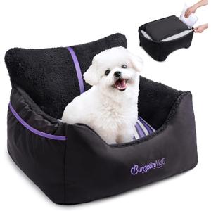 BurgeonNest Dog Car Seat for Small Dogs, Detachable and Washable Cat Carseats Under 25 lbs, Soft Pet Booster Seats with Storage Pockets and Clip-On Leash Portable Car Travel Carrier Bed, Black Purple, Small