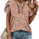 KISSMODA Women's Tunic Tops Casual V Neck Short Sleeve T Shirts Summer Puff Sleeve Ruffle Blouses (Pink, S)