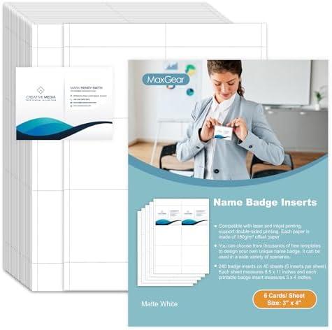 Pack of 2 MaxGear 240 Name Badge Inserts Badge Labels, 3" x 4" Printable Name Tags Insert, Personalized Insert Badges Refill, Custom Card Paper Compatible with Laser/Inkjet Printer, Office, White