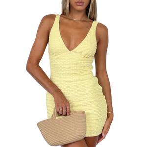 ZREQV Summer Bodycon Dresses for Women Sexy Deep V Neck Short Dress (Yellow, L)