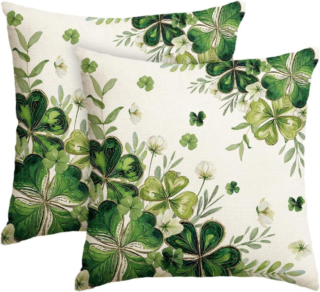 2 x AVOIN colorlife St Patricks Day Shamrock Phnom Penh Throw Pillow Covers, 18 x 18 Inch Clover White Floral Cushion Case Decoration for Sofa Couch Set of 2