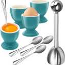 vibedor Colorful Soft Boiled Eggs Cups Set, 4 Ceramic Egg Stands and 1 Stainless Steel Egg Cutter, 4 Perfect Egg Spoons for Kitchen and Breakfast Host(Caribbean)